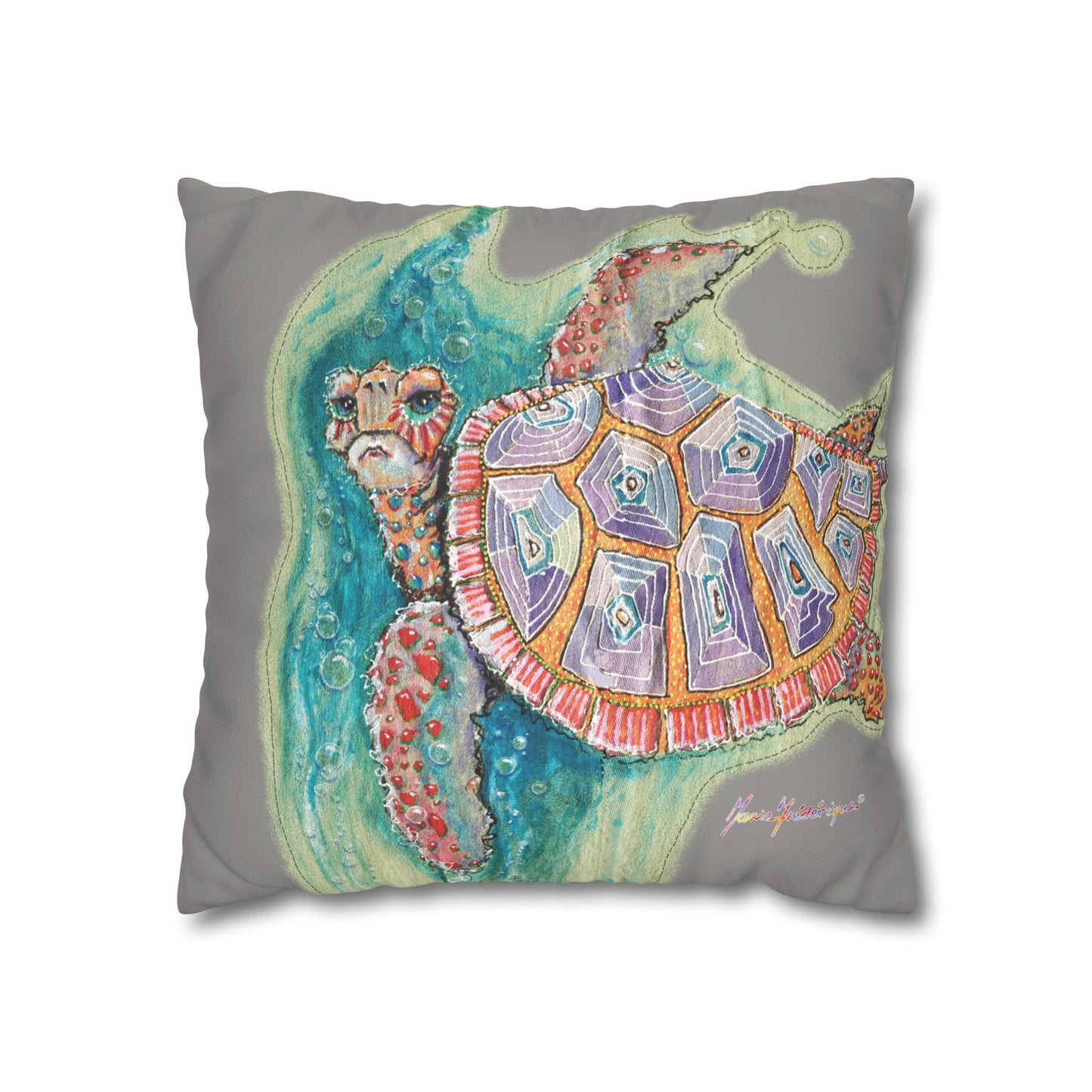 Sea Turtle Faux Suede Pillowcase — Colorful Coastal Throw Pillow Cover by artist Marie Frederique