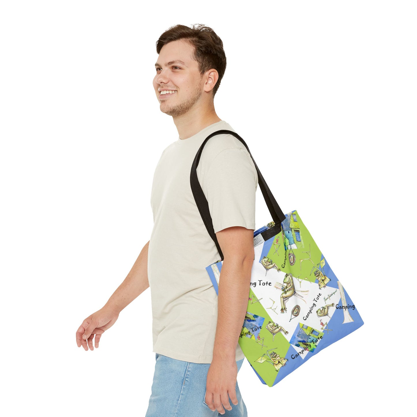 Camp Frog Adventure Tote Bag by artist Marie Frederique