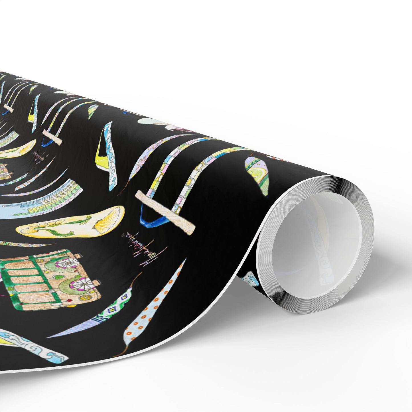Flip Flop Pattern on Black (Beachy Gift Wrap) by artist Marie Frederique