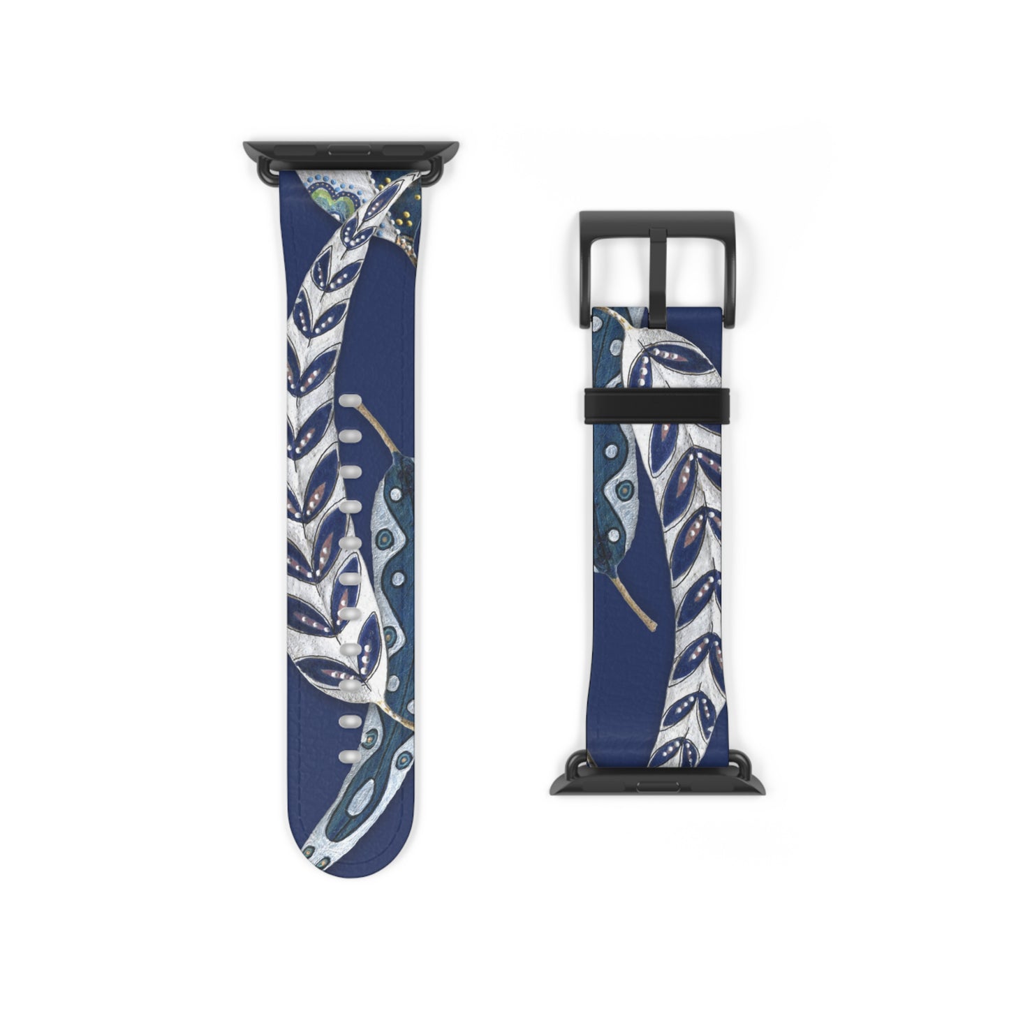 Blue Planet Series, Navy and White painted leaves on faux leather Watch Band by artist Marie Frederique