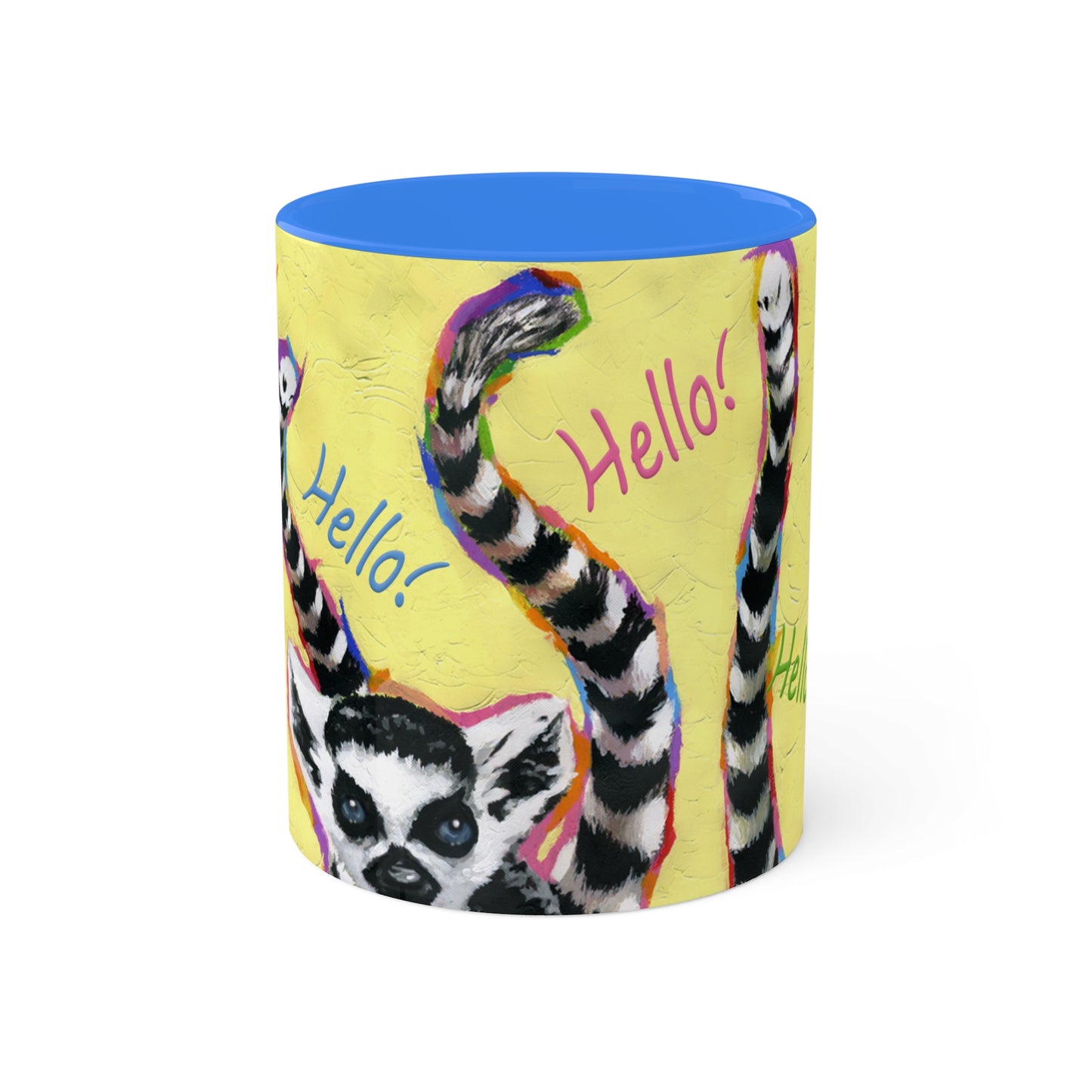 Lemurs from Madagascar scrambling to say "Hello" - Colorful Mug, 11oz By Artist Marie Frederique