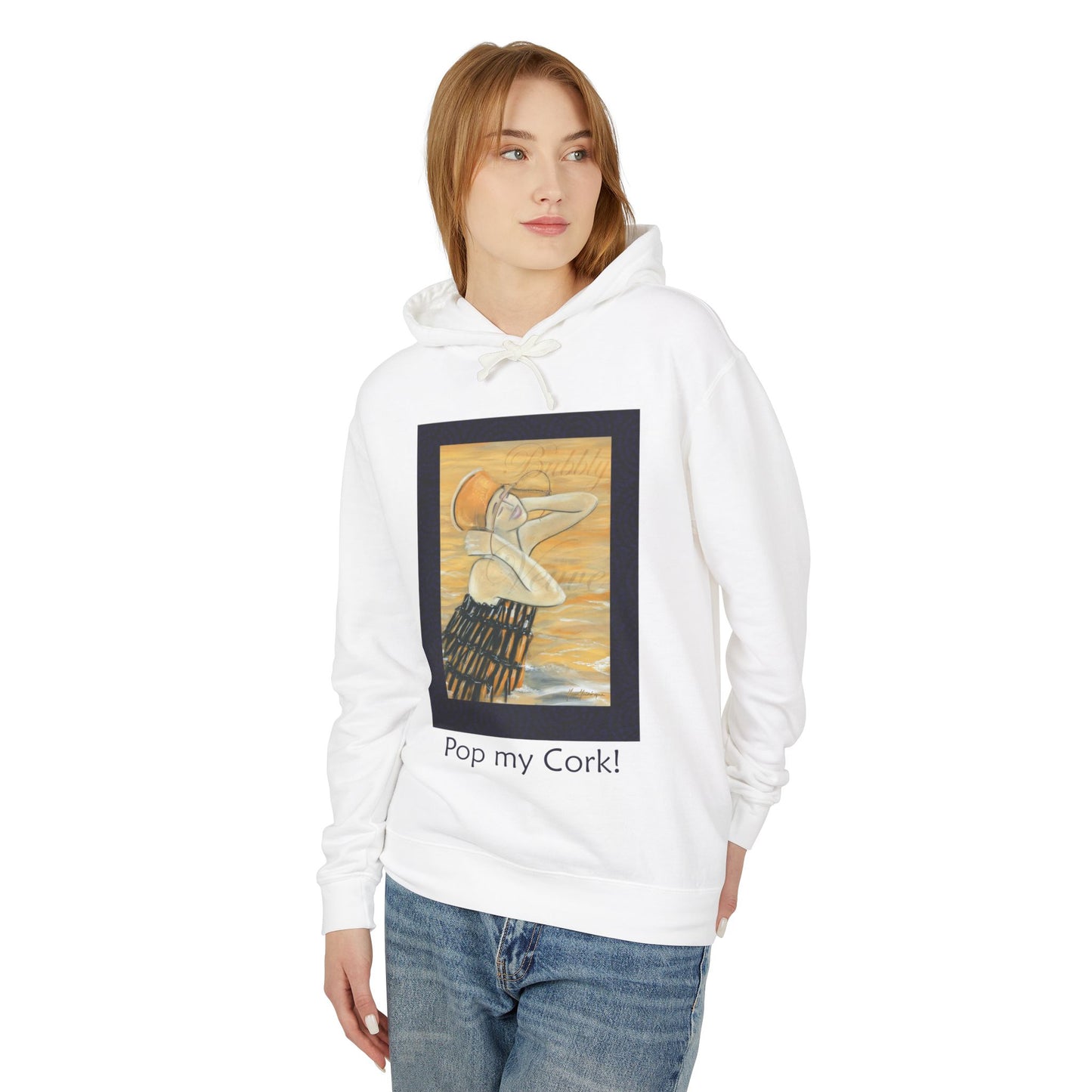 Celebration, Hooded Sweatshirt: Sexy Woman Dressed as Champagne Bottle "Pop my Cork! by artist Marie Frederique