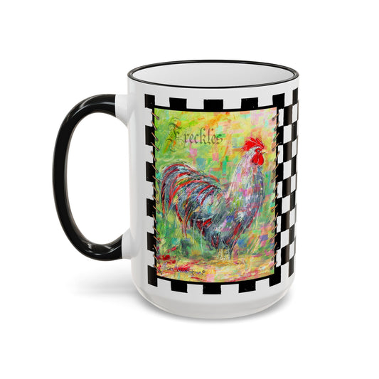 Checkerboard Scruffy & Freckles Rooster Accent Rim Mug – Colorful Farmhouse Coffee Cup (11oz & 15oz) by artist Marie Frederique