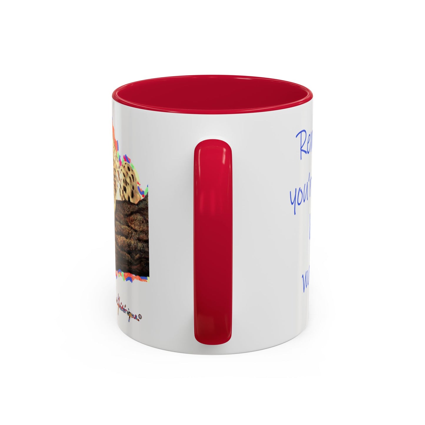 Leopard in a tree, "Remember, you're always being watched!" Mug by Artist Marie Frederique