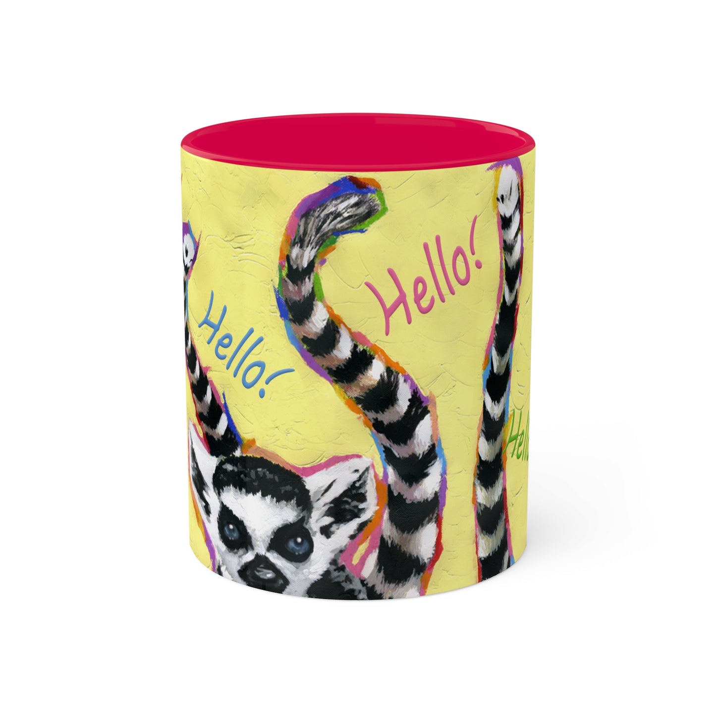 Lemurs from Madagascar scrambling to say "Hello" - Colorful Mug, 11oz By Artist Marie Frederique