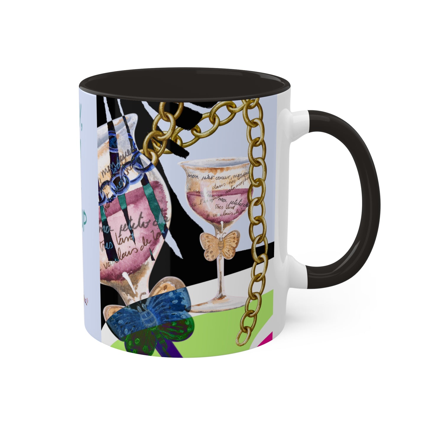 Haute Couture Colorful Mug in 4 color options of Black, Light Green, Light Blue and Pink 11oz By Artist Marie Frederique