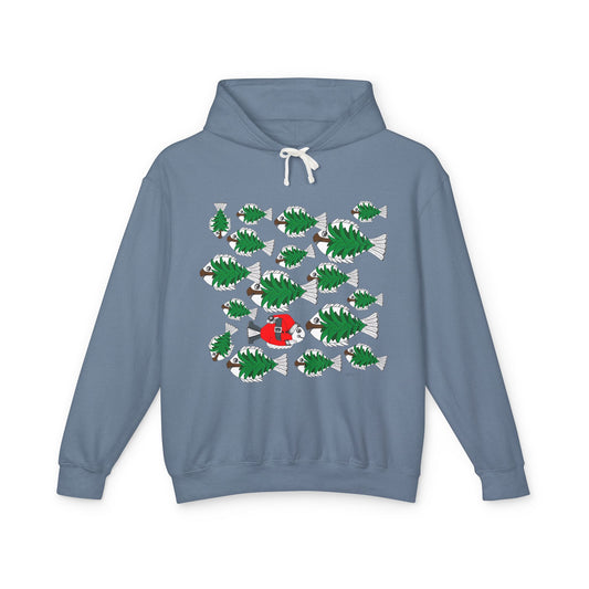 Christmas Hoodie - Santa Swimming Against Trees of Fish. Lightweight Unisex Hooded Sweatshirt