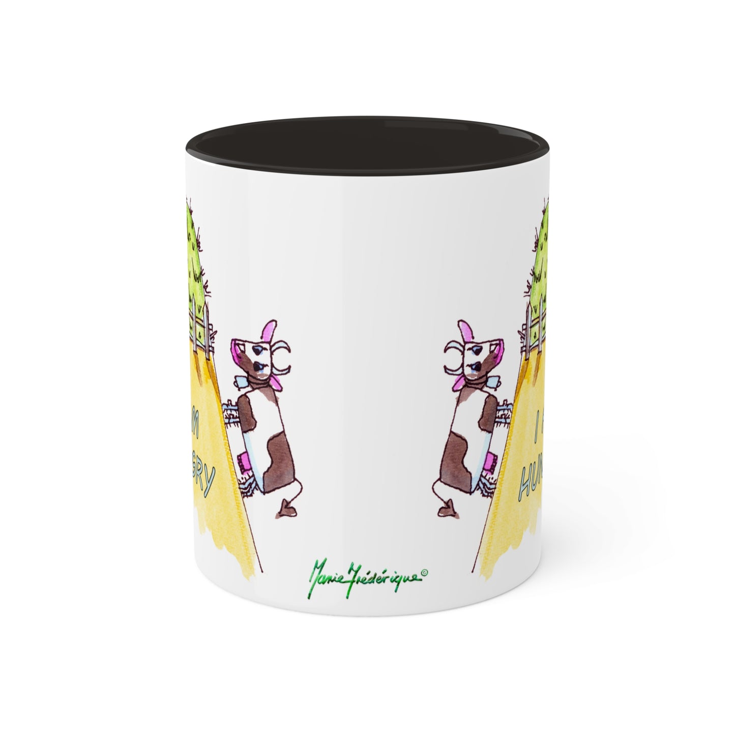 Cow, "The grass is always greener" - I am Hungry, Colorful Mugs in 4 colors, 11oz By Artist Marie Frederique