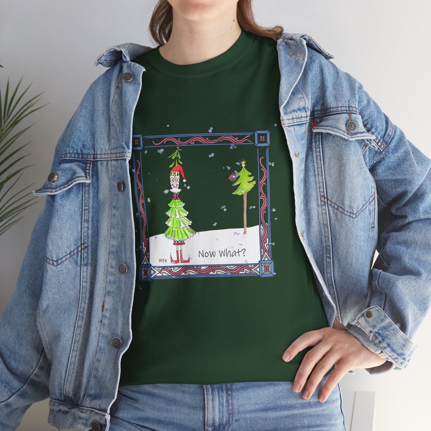 Mistletoe Christmas Tree Elf T-Shirt – Funny "Now What?" Holiday Tee by artist Marie Frederique