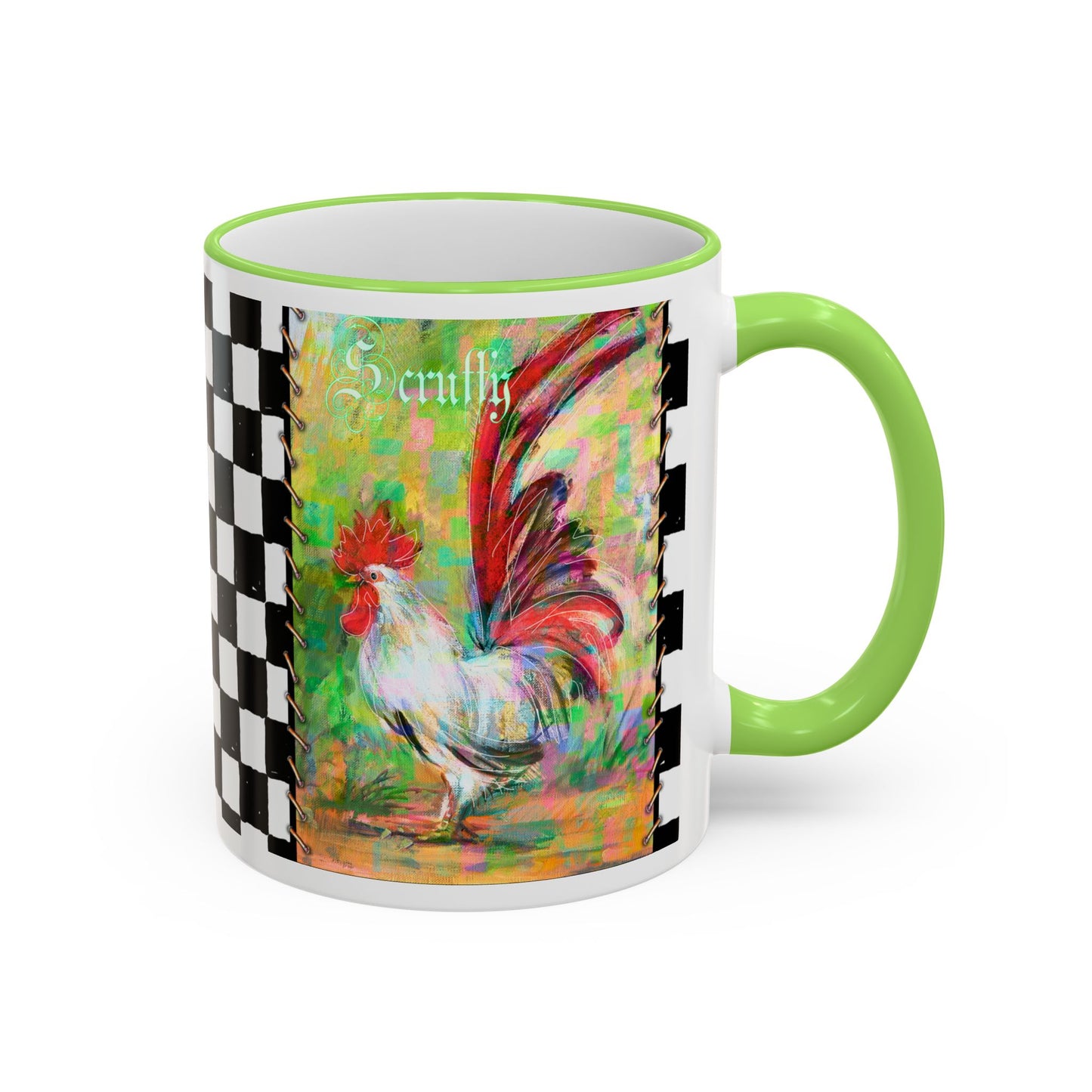 Checkerboard Scruffy & Freckles Rooster Accent Rim Mug – Colorful Farmhouse Coffee Cup (11oz & 15oz) by artist Marie Frederique