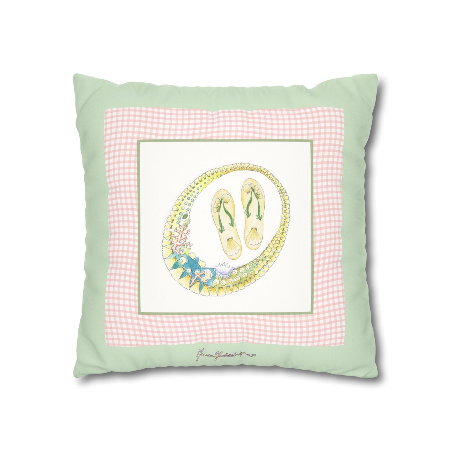 Pastel Vacation necklace and flip flops Faux Suede Pillow Cover by artist Marie Frederique