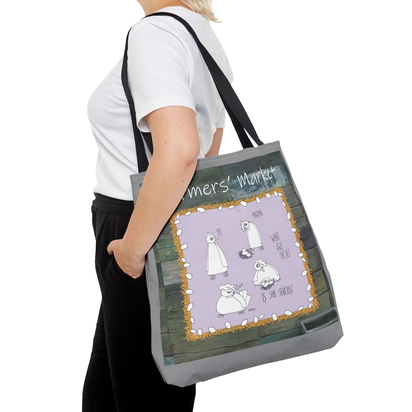 Farmers' Market Funny Chicken Tote Bag - Quirky Design with Chickens & Humor by artist Marie Frederique