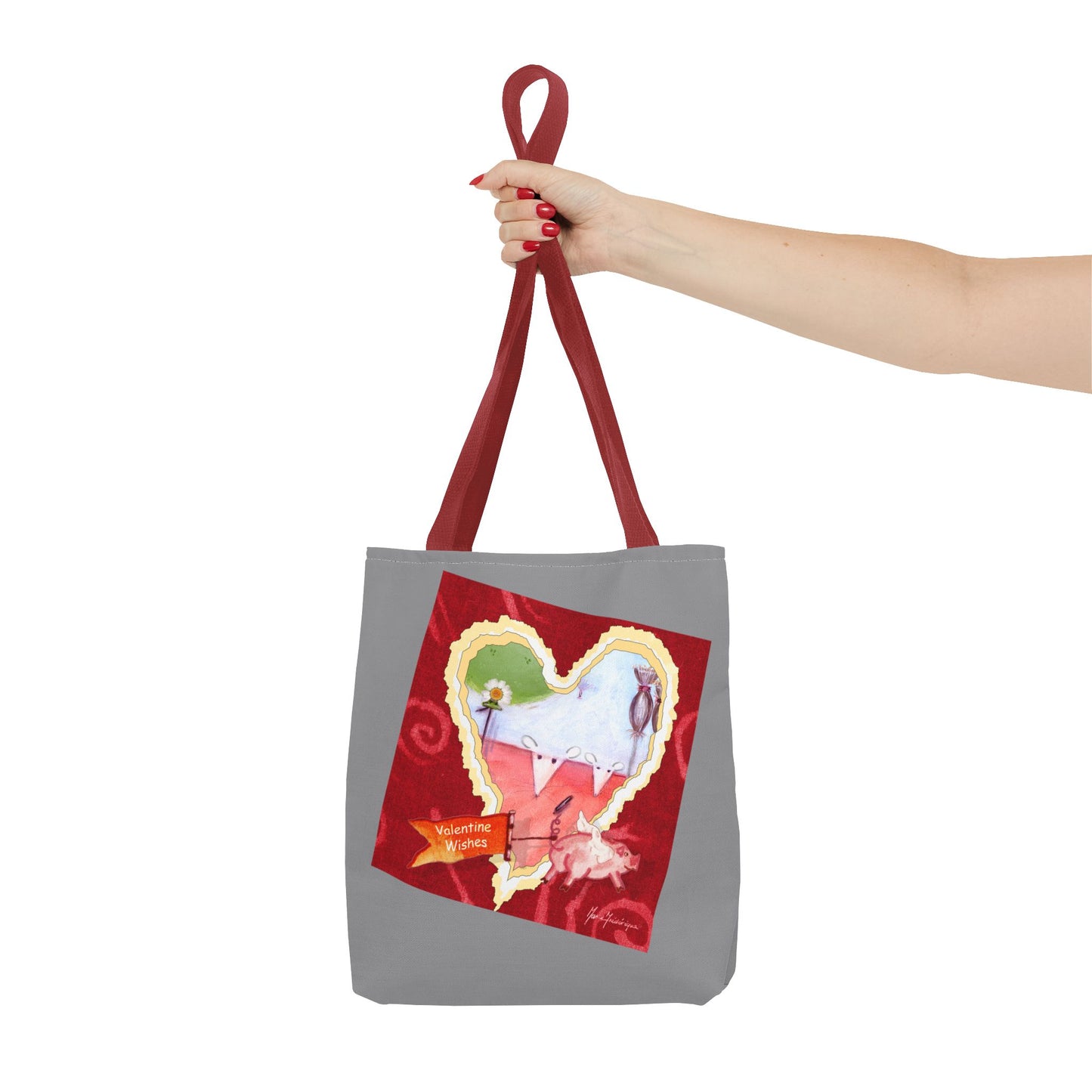 Valentine Tote Bag, Love is in the air - grey and red (2 different images on one bag) by artist Marie Frederique