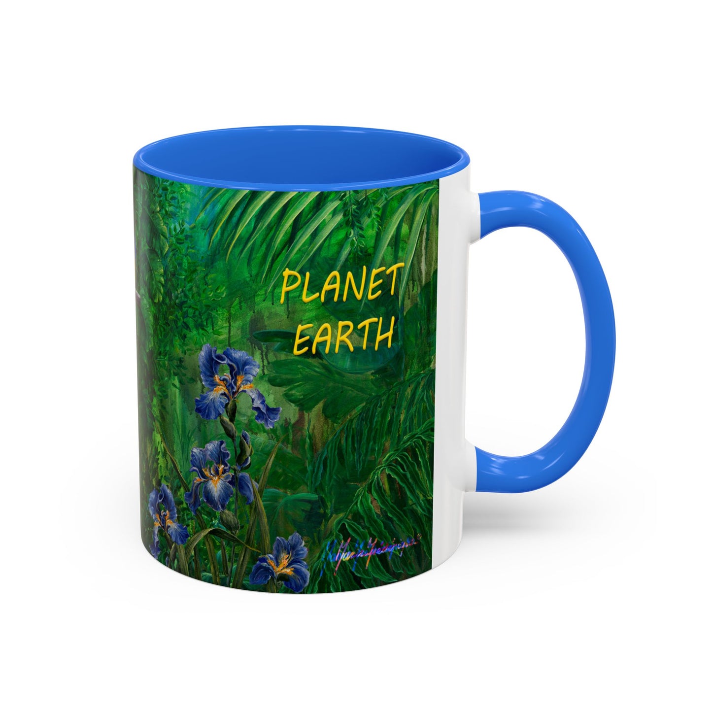 Parrots in Jungle Forest & Blue Iris mug by Artist Marie Frederique