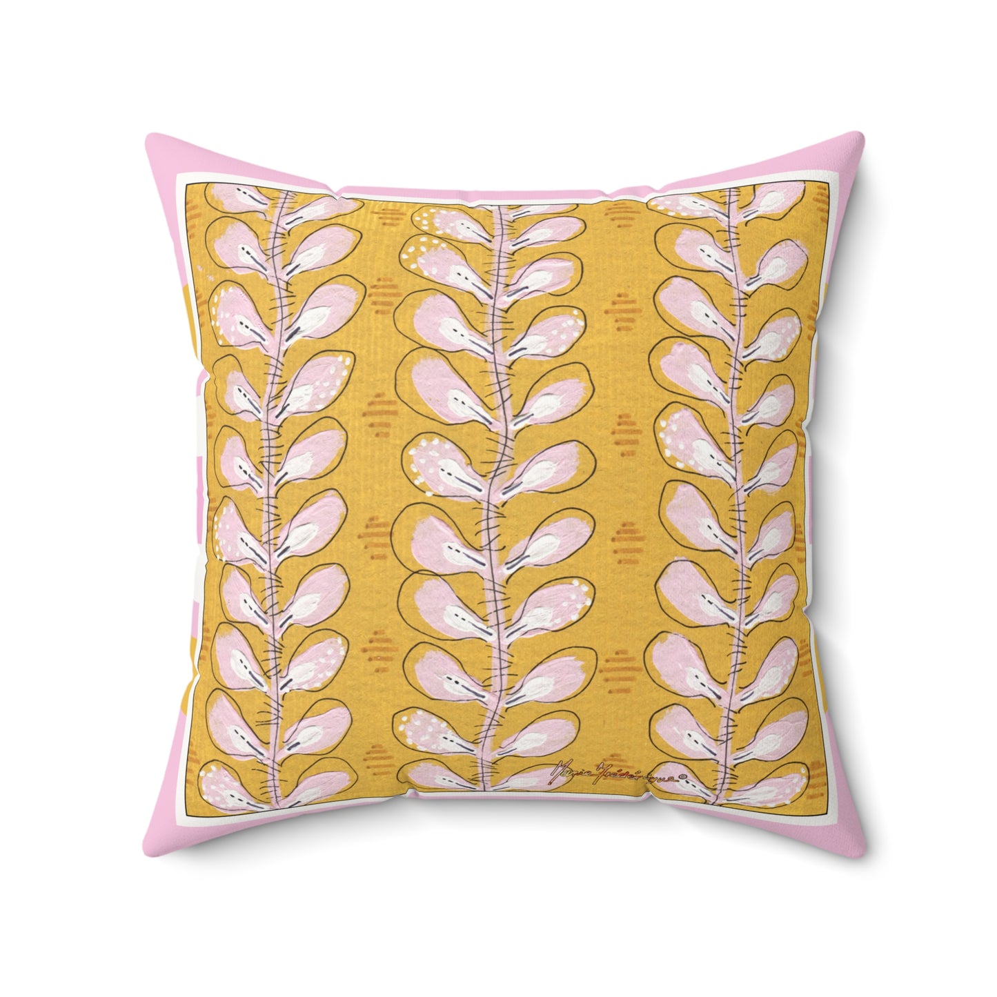 Decorative Gold and Pink Boho Square Pillow - Double-Sided Faux Suede Design by artist Marie Frederique