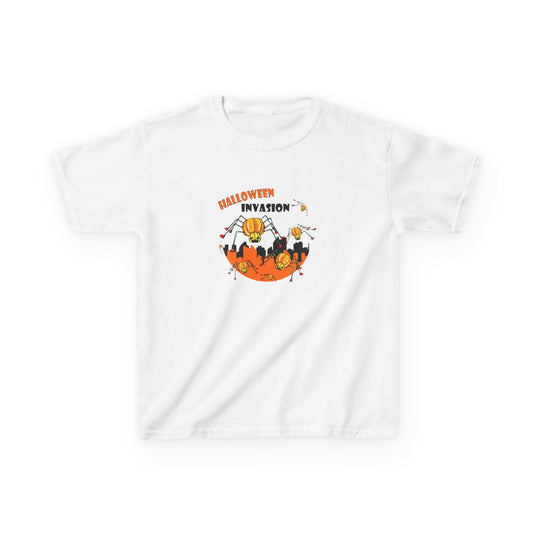 Halloween Invasion of the pumpkin spiders descending on the city, Aargh! Kids Heavy Cotton™ Tee by artist Marie Frederique