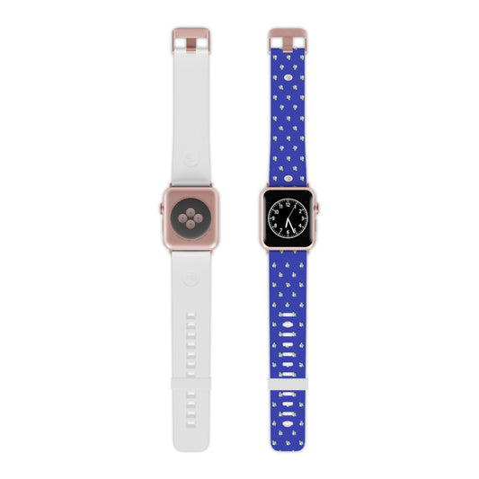 Apple, Blue CTS signature design repeat pattern Watch Band for Apple Watch (Loop ring is white) by artist Marie Frederique in pink, Silver and Black