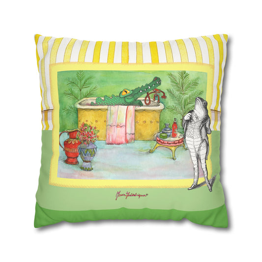 Alligator Bathtub Illustration Throw Pillowcase — Whimsical Bathroom Art Decor by artist Marie Frederique