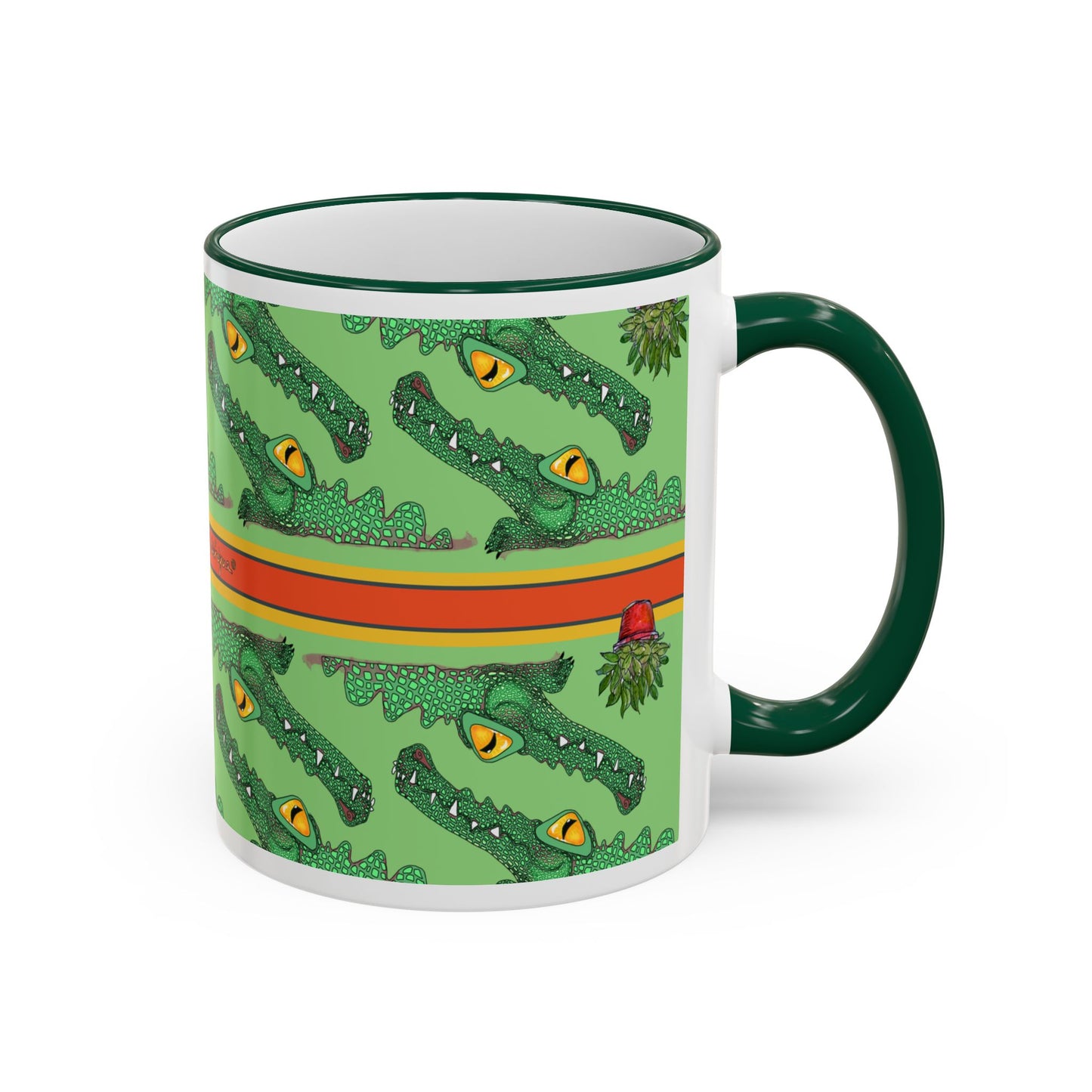 Funny Alligator Pattern Mug — Green Crocodile Design (11oz/15oz) by artist Marie Frederique