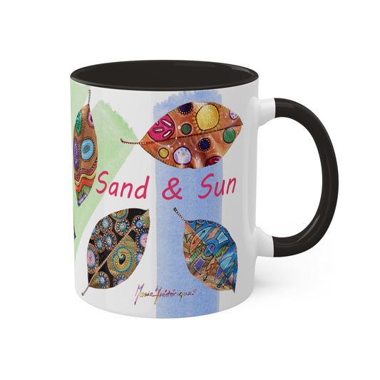 I AM Surf, Sand and Sun multicolored painted leaves series - Colorful Mug in 4 options, Red, Black, Yellow, and Cambridge Blue 11oz By Artist Marie Frederique