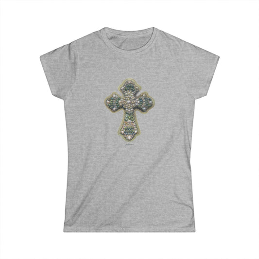Embellished Seashell Cross Tee - Women's Spiritual Graphic Shirt by artist Marie Frederique