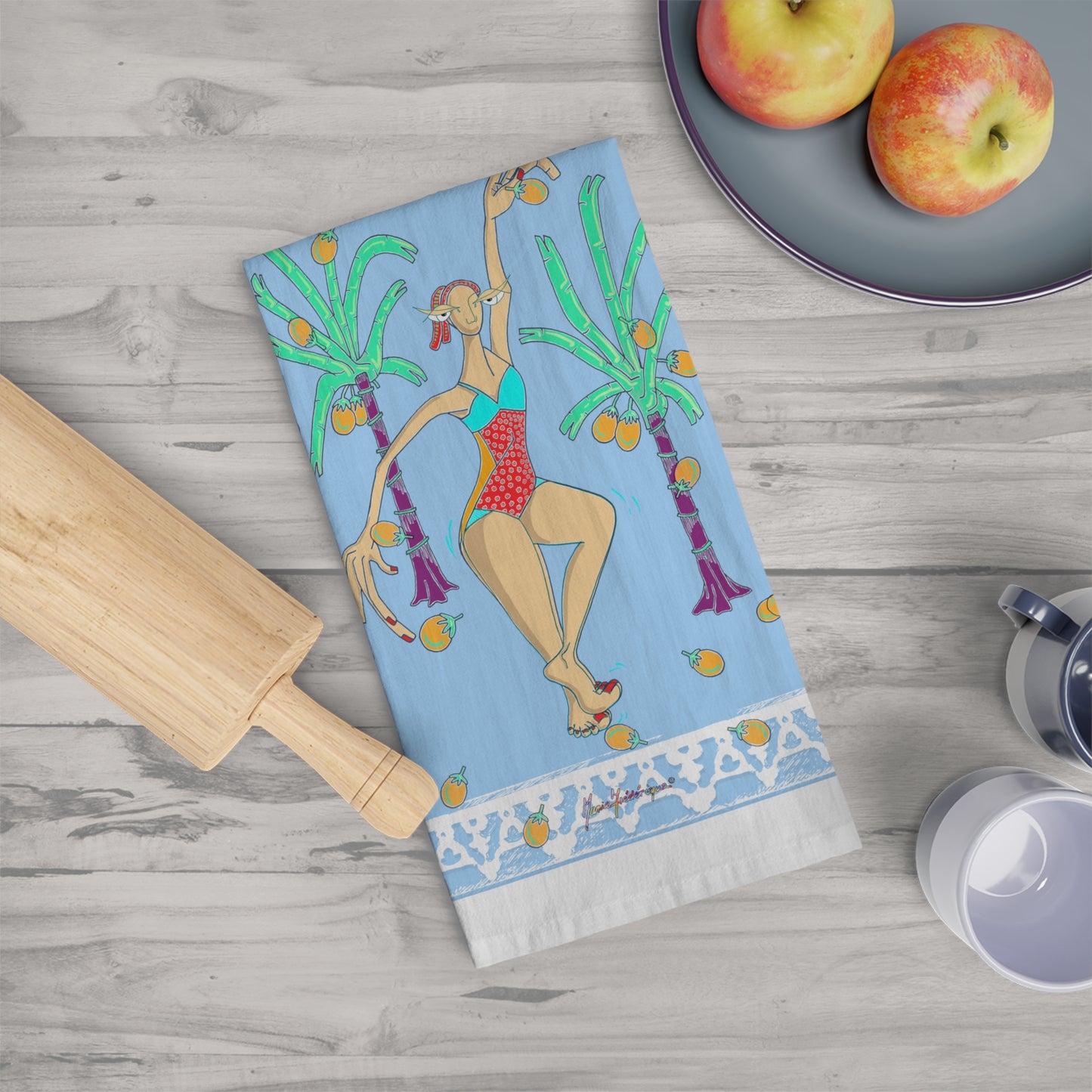 Tropical Garden Tea Towel – Fruit & Palm Print Kitchen Towel by artist Marie Frederique