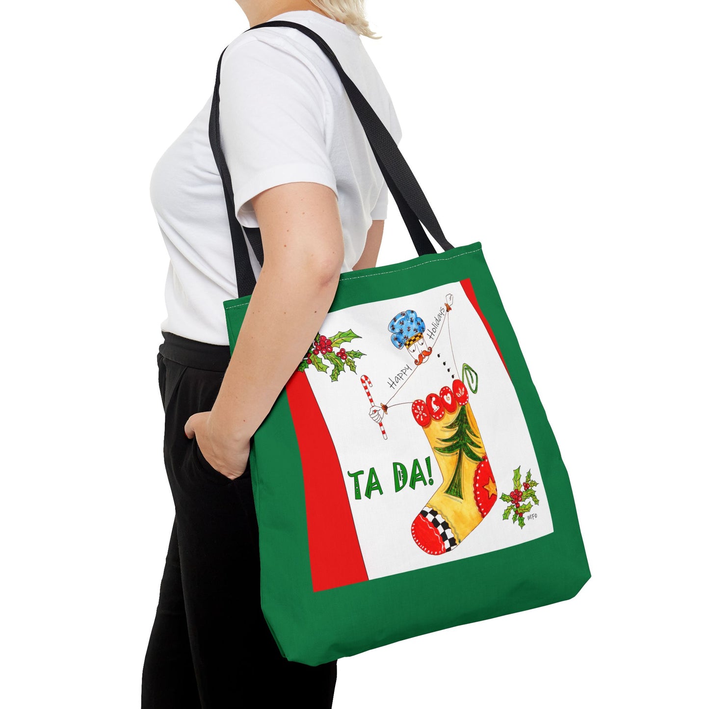 Christmas Stocking Tote Bag – 'Ta Da!' Holiday Gift & Shopping Tote by artist Marie Frederique