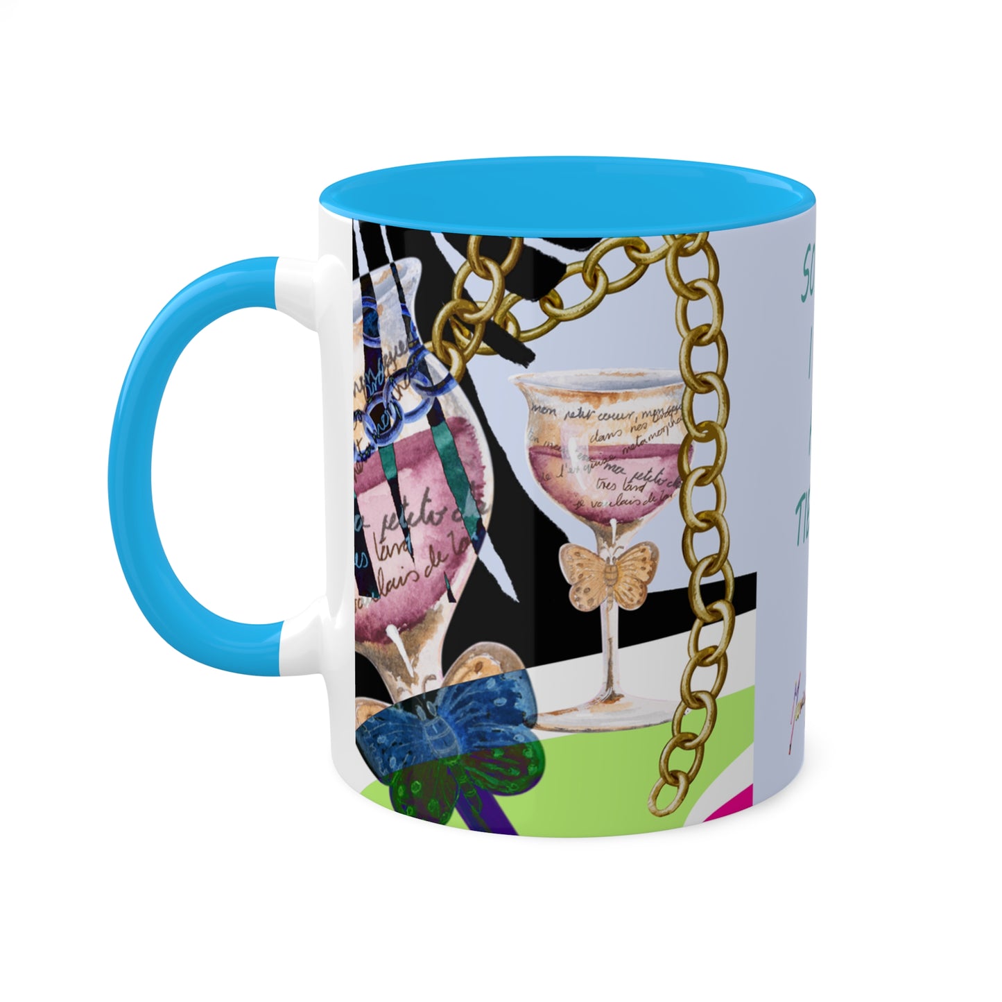 Haute Couture Colorful Mug in 4 color options of Black, Light Green, Light Blue and Pink 11oz By Artist Marie Frederique