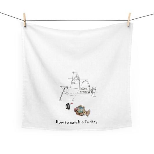 Holiday Tea Towel/Kitchen towel, Festive Season Turkey Fishing Design by artist Marie Frederique