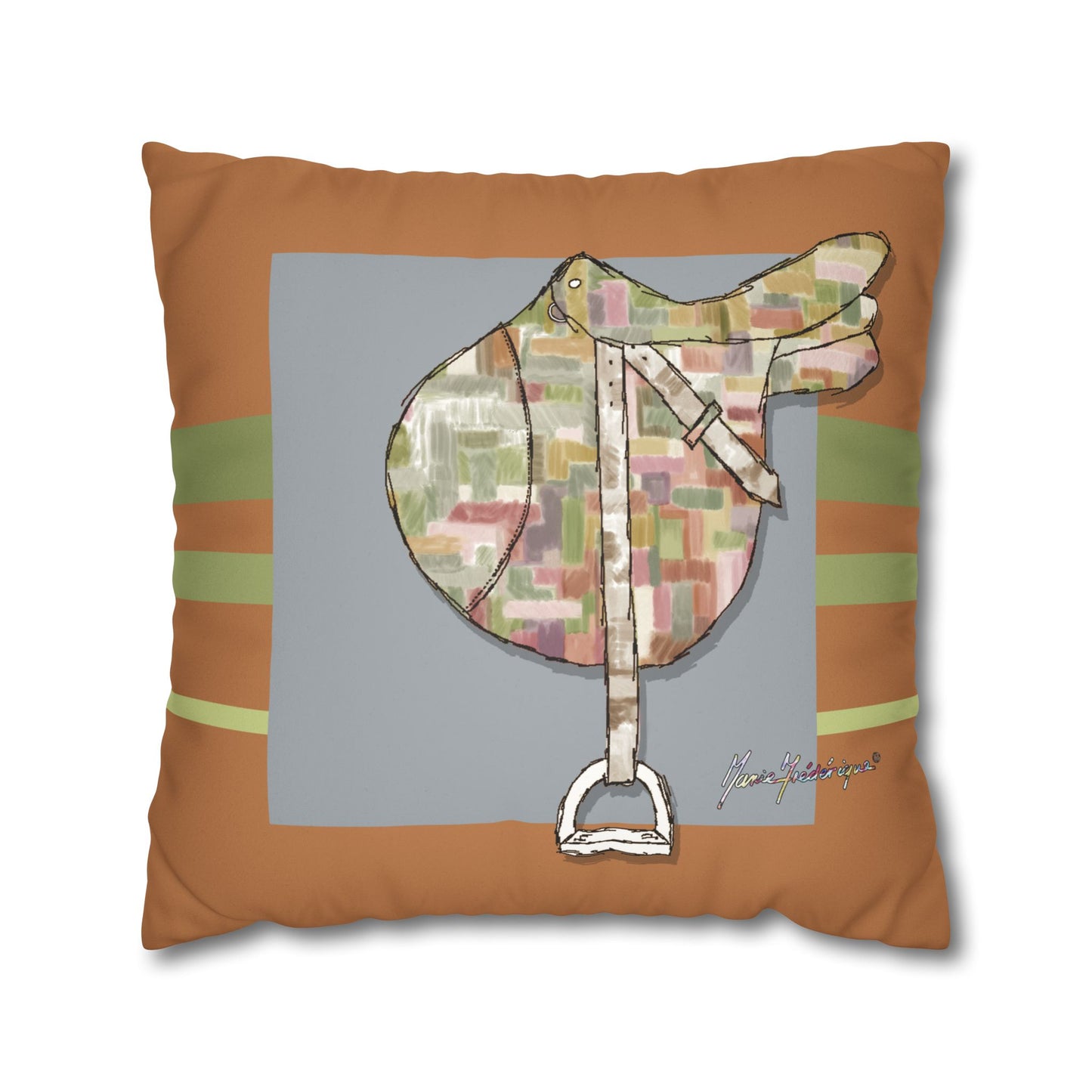 Equestrian Patchwork Saddle Faux Suede Throw Pillow cover by artist Marie Frederique