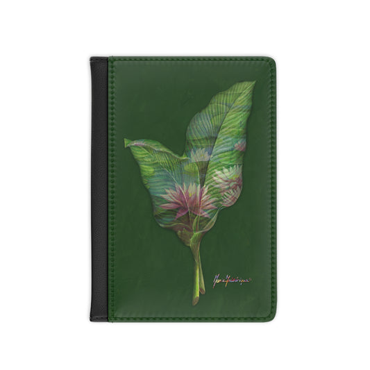 Passport Cover, Pink Lotus flower on green background by artist Marie Frederique