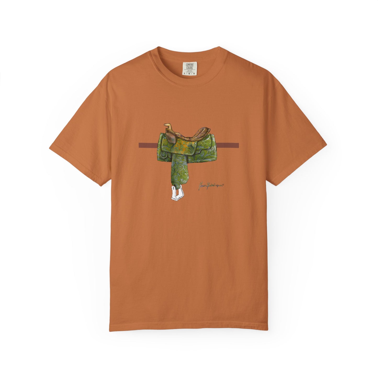 Western Saddle & Scarf Graphic T-Shirt — Rustic Western Equestrian Tee by artist Marie Frederique