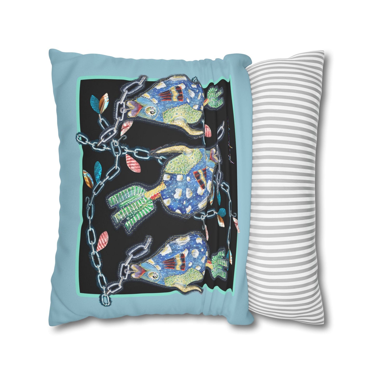 Fishing Faux Suede Pillowcase — Colorful Folk Art fish by artist Marie Frederique
