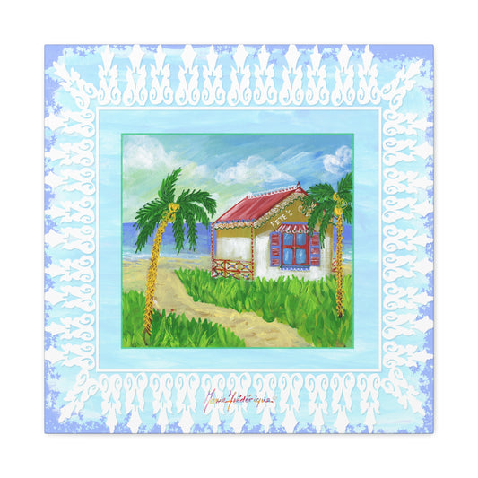 Beach Cabin Canvas — Tropical Cabin Seaside Wall Art by artist Marie Frederique