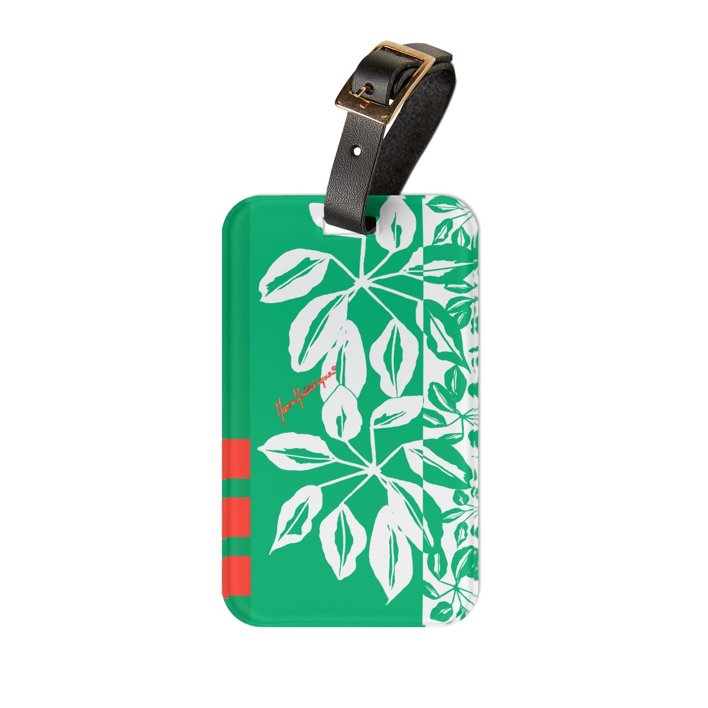 Luggage Tag, Tropical Leaves in Green, White & Tangerine by artist Marie Frederique