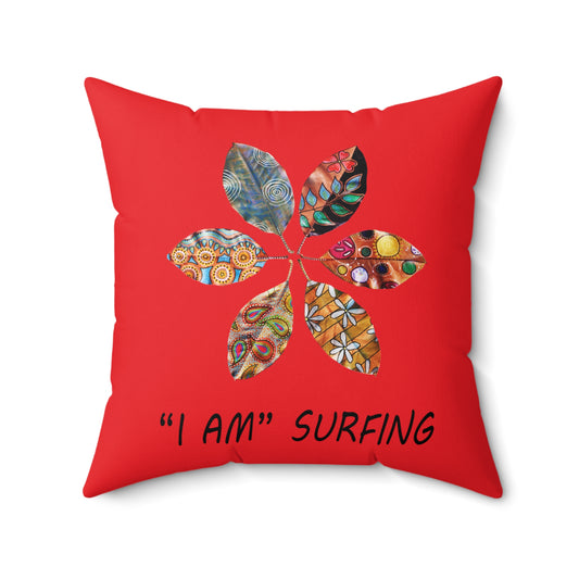 I am Surfing - Red Square Pillow by artist Marie Frederique