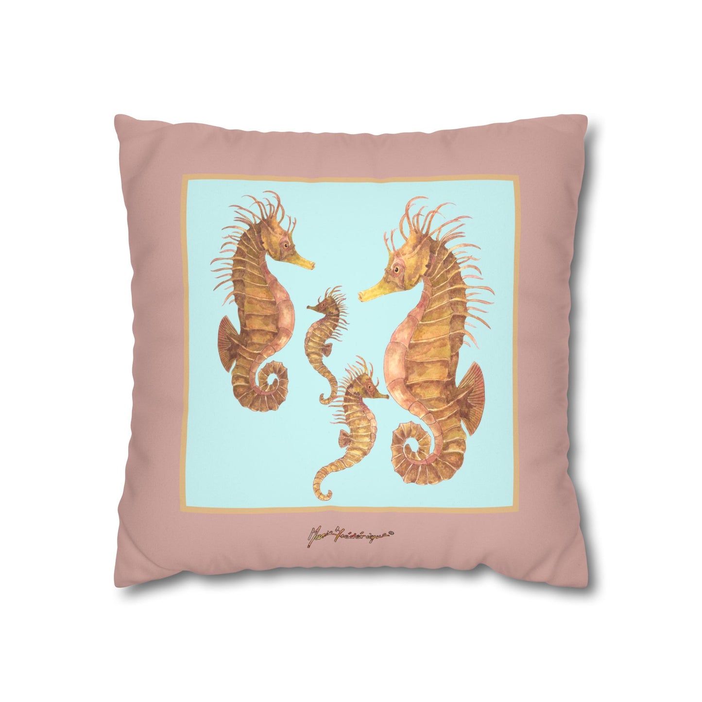 Seahorse Family Faux Suede Pillowcase – Coastal Decorative Throw Pillow by artist Marie Frederique