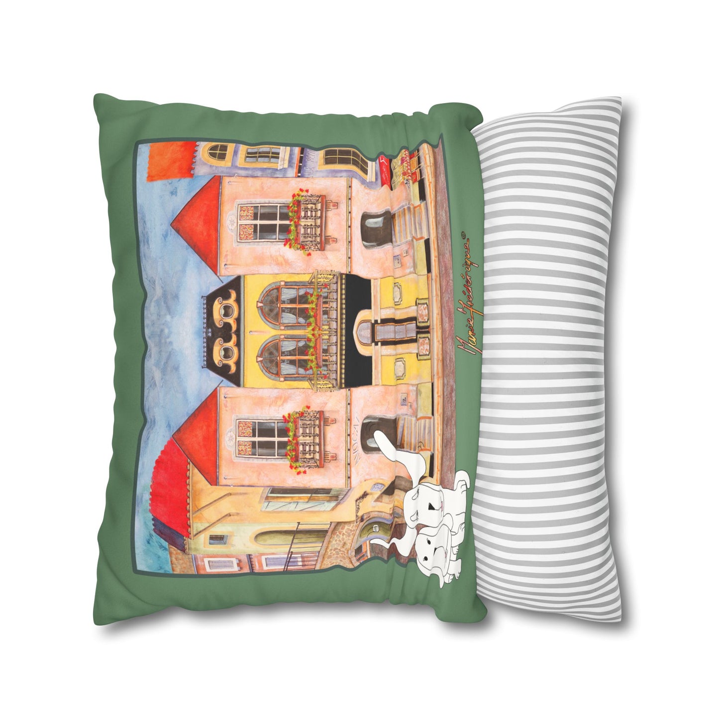 Whimsical Town & Dogs Faux Suede Pillow cover — Chefetteville, Decorative Square Throw Pillow Cover by artist Marie Frederique