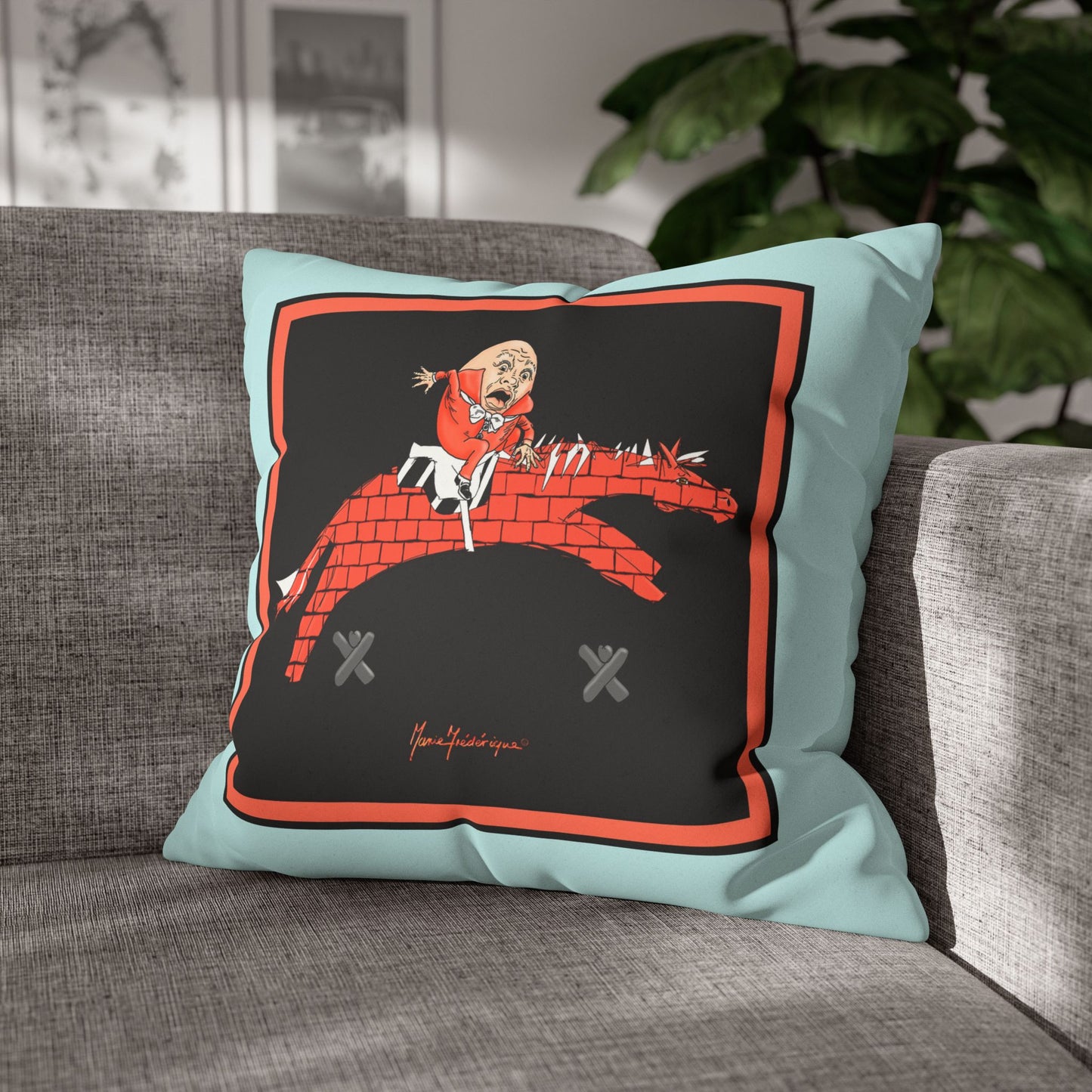 Humpty Jumpty Faux Suede Pillowcase — Retro Graphic Square Throw Pillow Cover by artist Marie Frederique