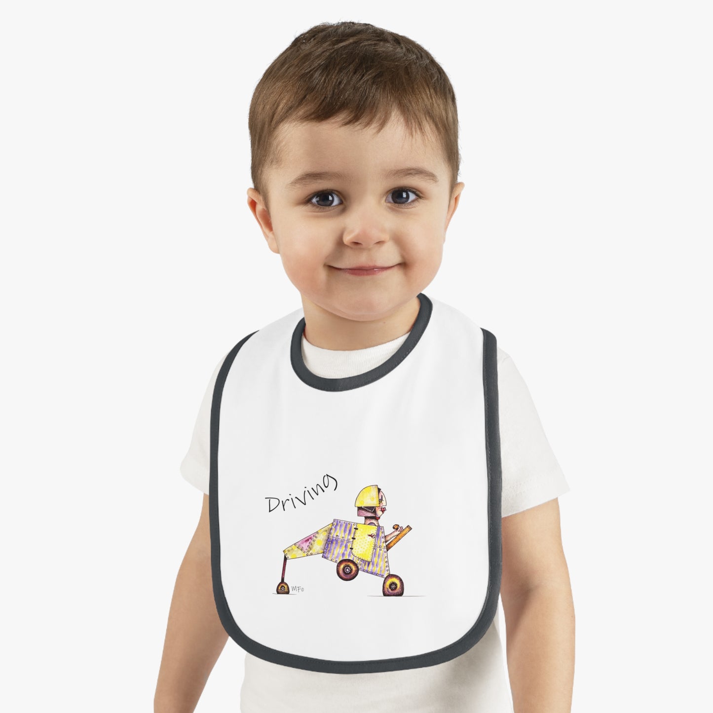 Driving - Super Cute Whimsical Designer Baby Contrast Trim Jersey Bib by artist Marie Frederique