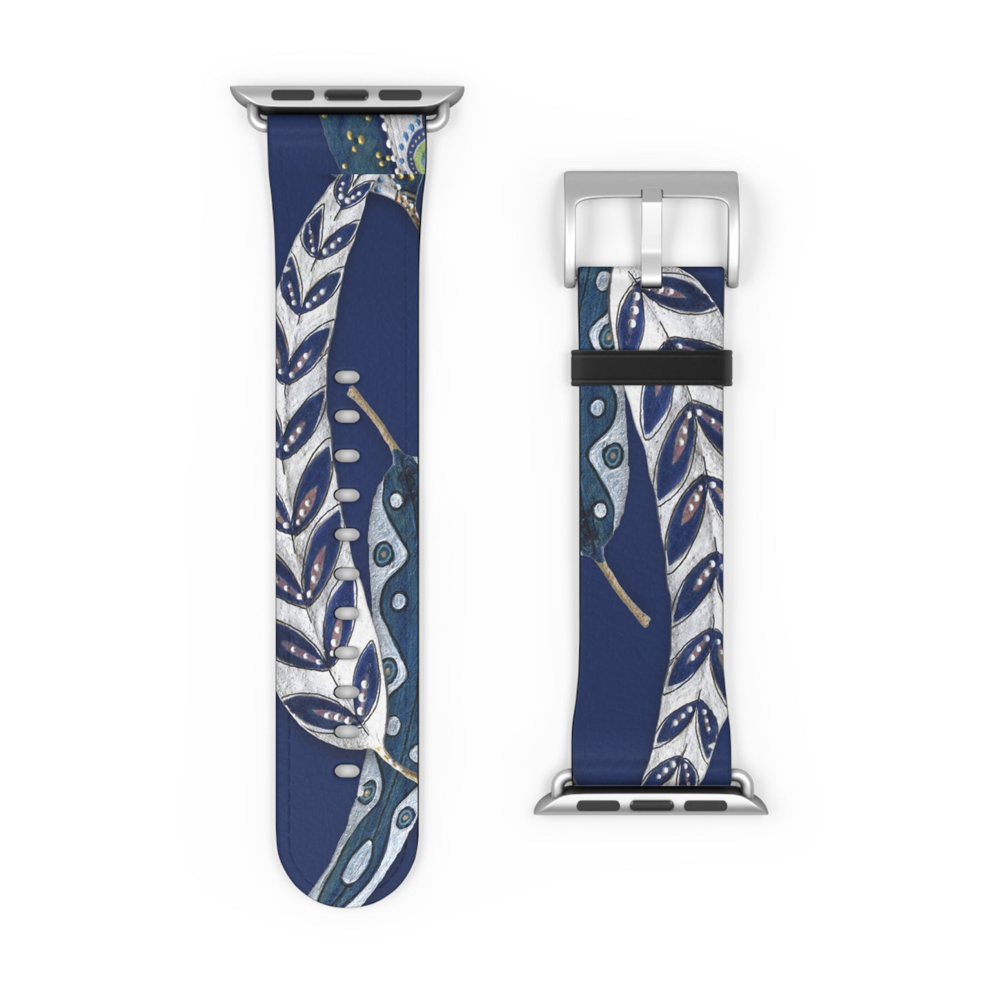 Blue Planet Series, Navy and White painted leaves on faux leather Watch Band by artist Marie Frederique