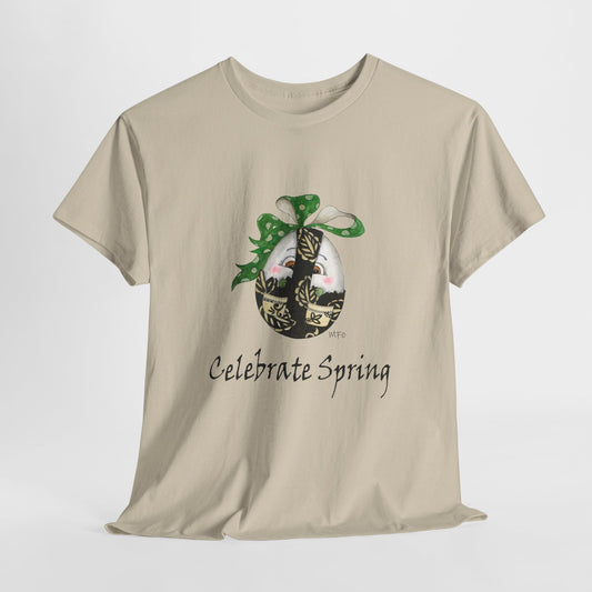 Celebrate Spring, Egg in Dungarees Unisex Heavy Cotton Tee by artist Marie Frederique