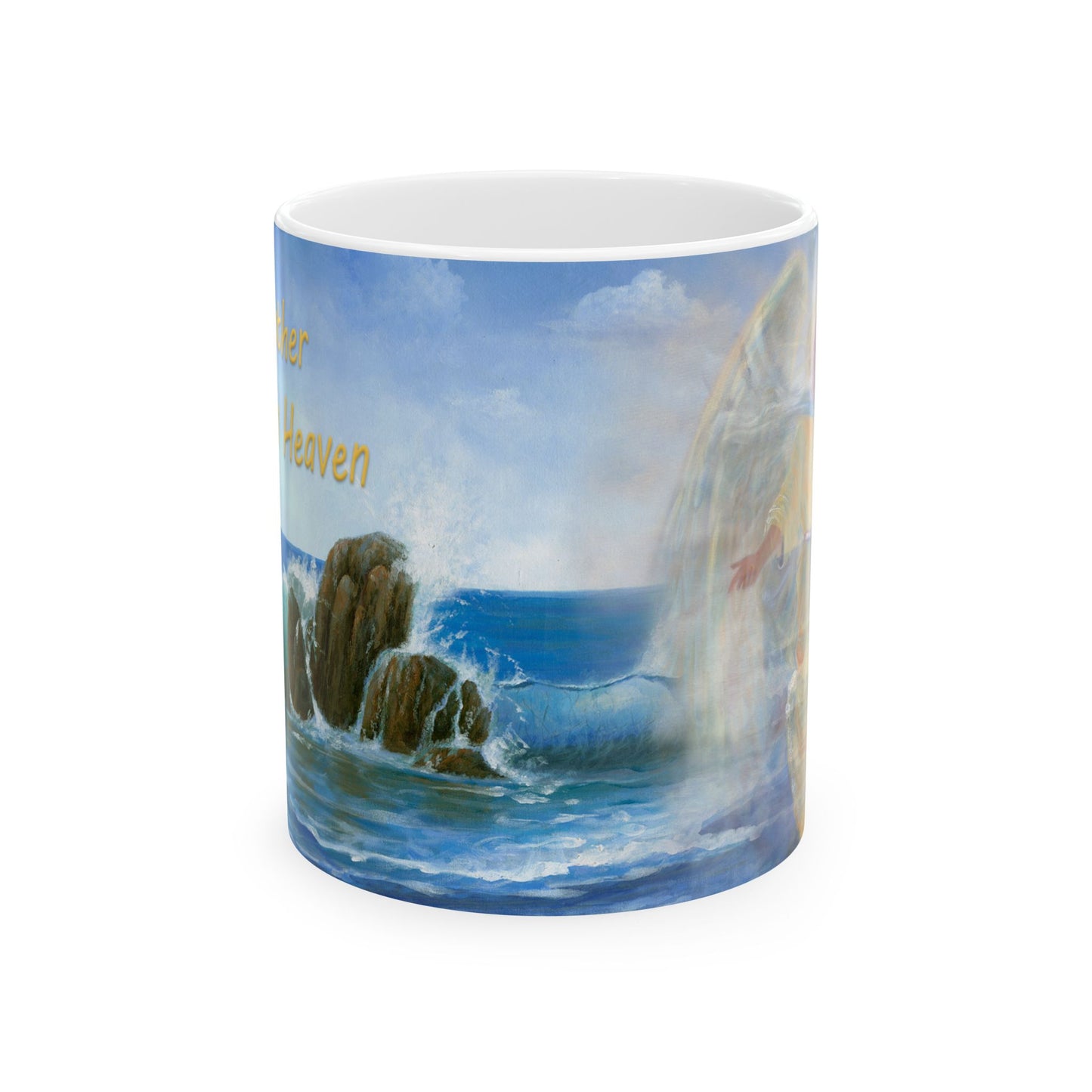 Jesus walks on water ocean art print in blues and yellows Ceramic Mug, 11oz by Artist Marie Frederique