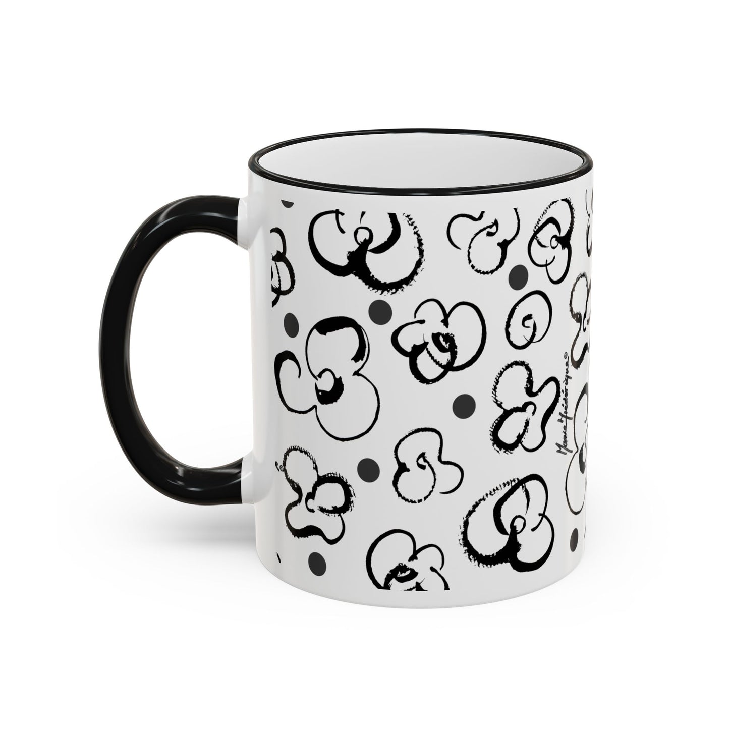 Black & White Floral Brush Doodle Accent Mug (11oz/15oz) by artist Marie Frederique