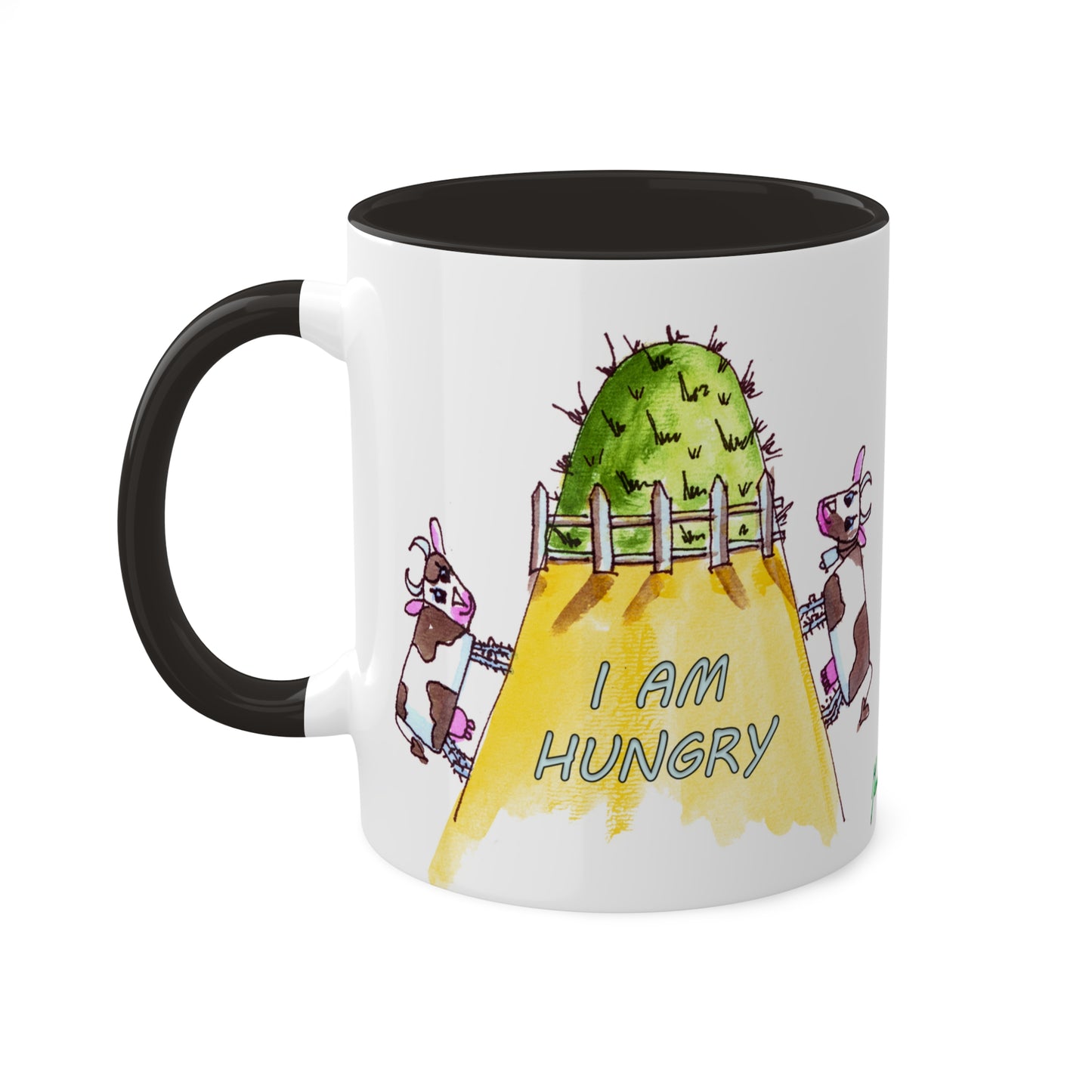 Cow, "The grass is always greener" - I am Hungry, Colorful Mugs in 4 colors, 11oz By Artist Marie Frederique