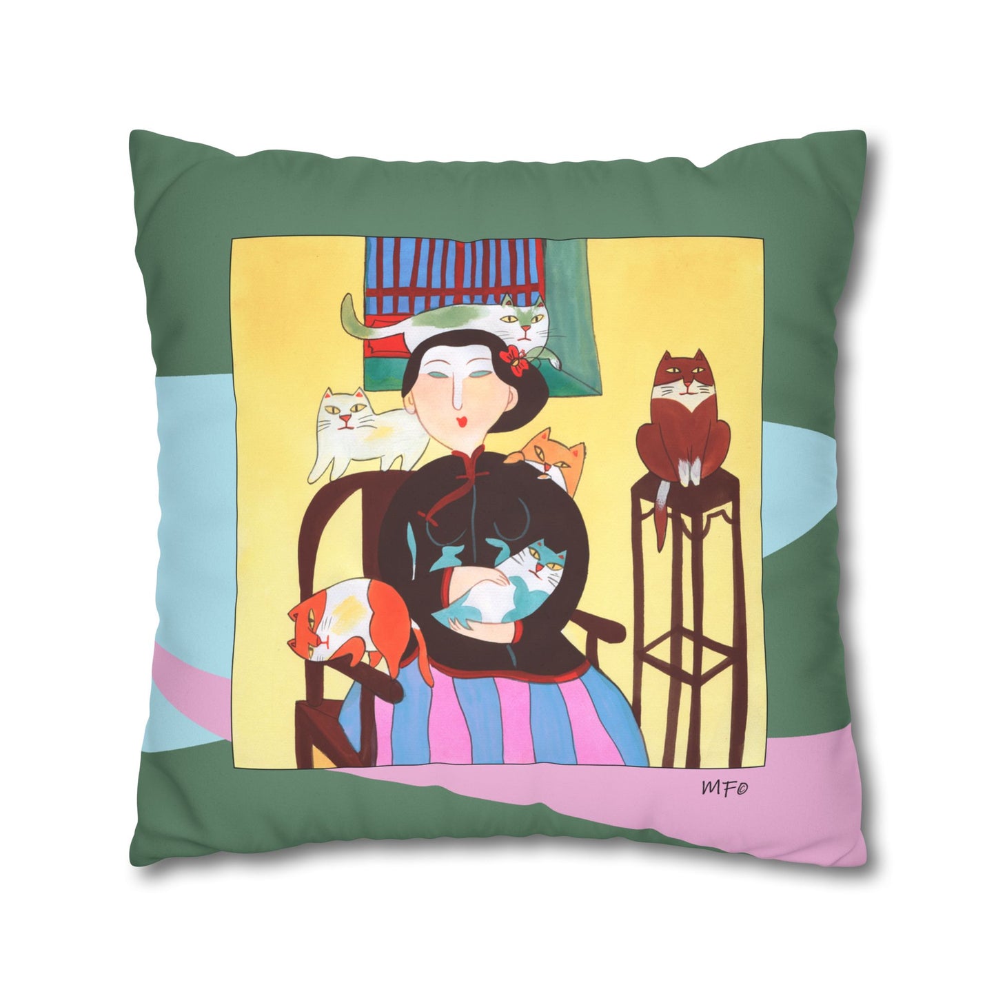 Village scenes, Faux Suede Pillowcase — Colorful Retro Home Decor by artist Marie Frederique