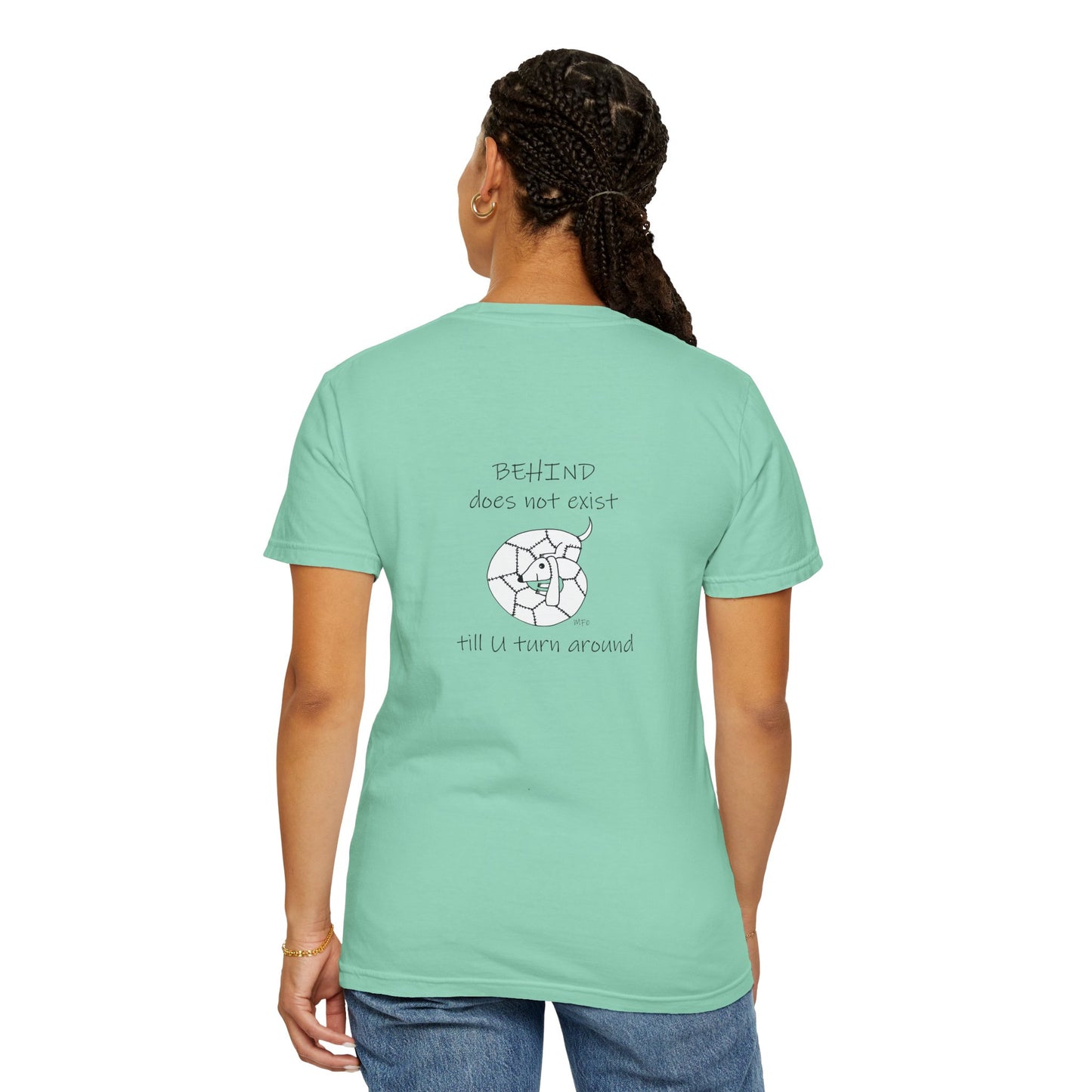 Behind Does Not Exist T-Shirt — Minimalist Broken Clock Graphic Tee by artist Marie Frederique