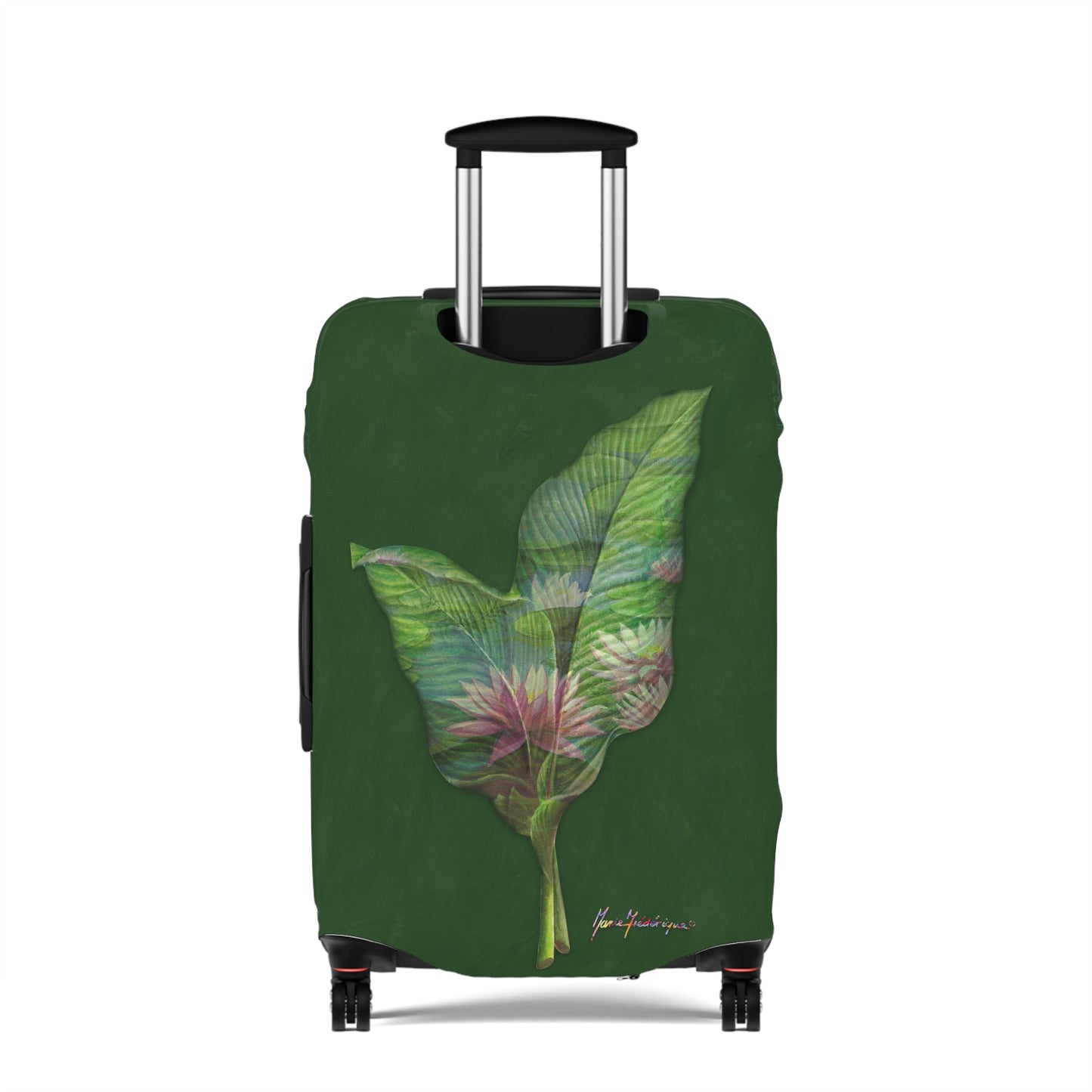 Luggage Cover, Pink Lotus flower and leaves on green By Artist Marie Frederique
