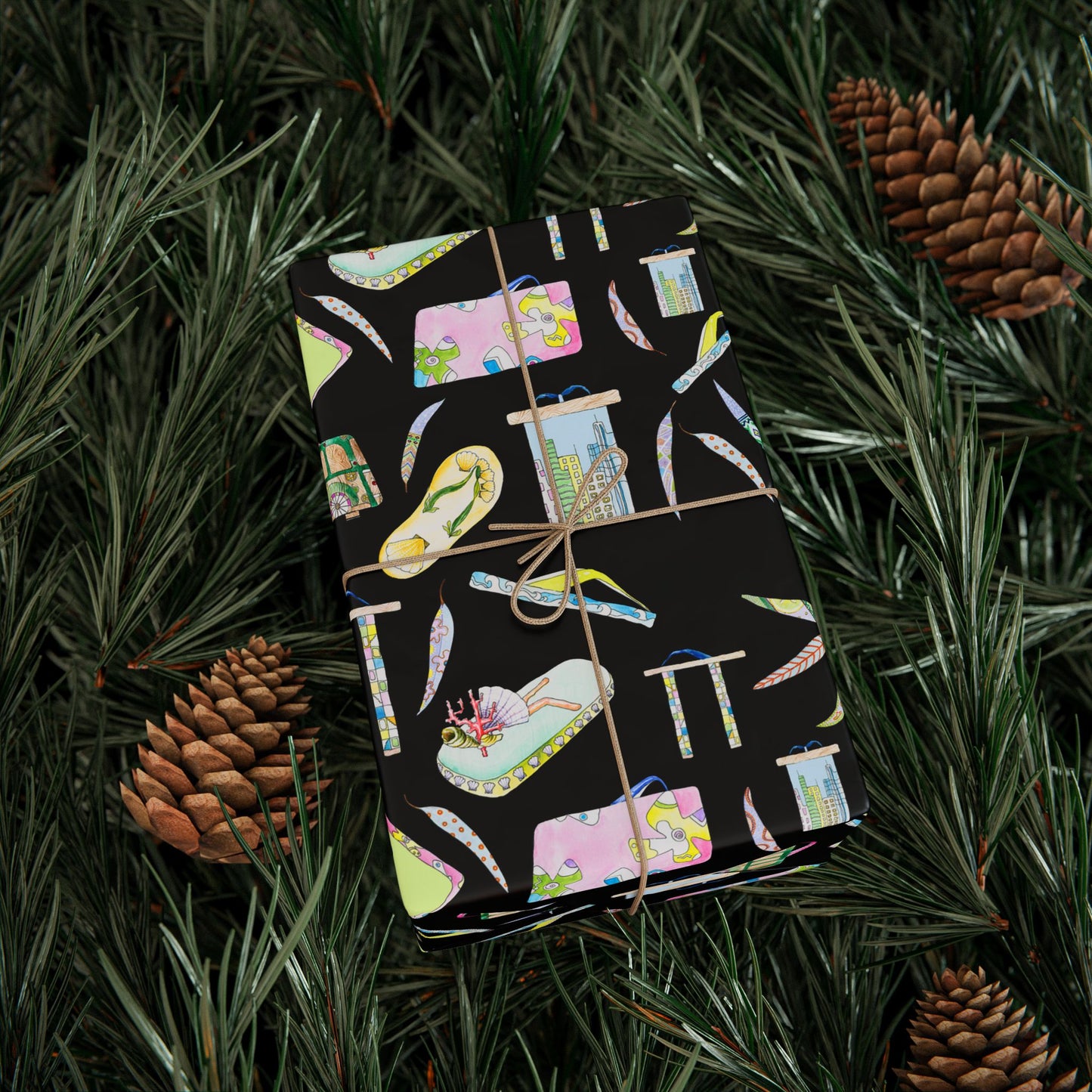 Flip Flop Pattern on Black (Beachy Gift Wrap) by artist Marie Frederique
