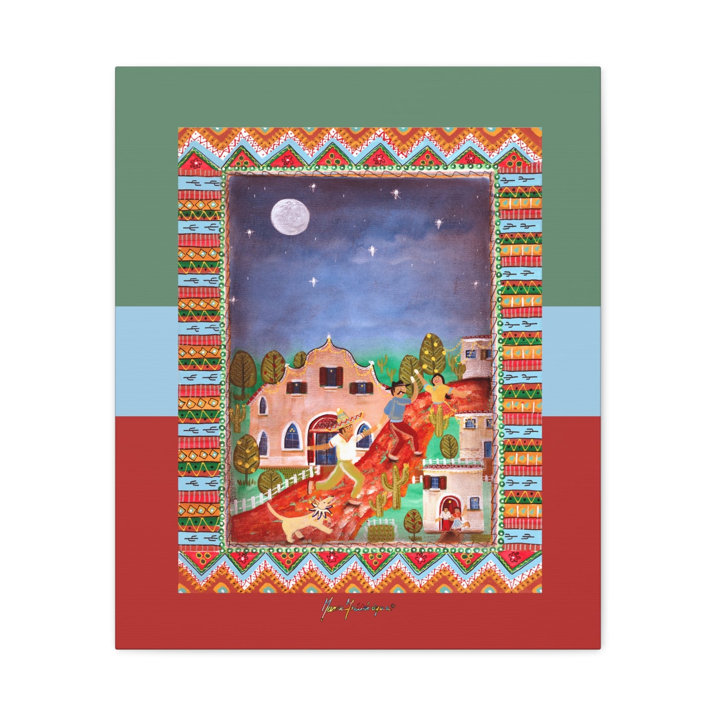Southwestern Folk Art Canvas Print — Moonlit Village Scene by artist Marie Frederique